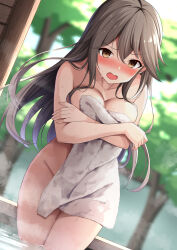 Rule 34 | 1girl, akahi242, blurry, blurry background, blush, breasts, brown eyes, brown hair, collarbone, covering privates, covering breasts, embarrassed, hair between eyes, haruna (kancolle), highres, kantai collection, large breasts, long hair, looking at viewer, nude cover, onsen, open mouth, solo, steam, towel, tree, wet, white towel