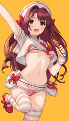 Rule 34 | alternate costume, armpits, bikini, bow, bowtie, breasts, brown hair, hat, highres, idolmaster, kirarin369, loafers, long hair, microphone, midriff, miniskirt, navel, panties, red bow, red bowtie, red panties, sailor collar, sailor hat, see-through, shimamura uzuki, shoes, skirt, solo, striped bikini, striped clothes, striped legwear, striped thighhighs, swimsuit, thighhighs, underwear, wet