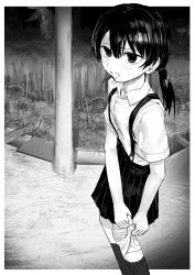 Rule 34 | 1girl, absurdres, bandaged knees, blush, buttons, collared shirt, commentary request, feet out of frame, flat chest, grass, greyscale, hair between eyes, hakonnbo, highres, looking at viewer, monochrome, open mouth, original, outdoors, outside border, pleated skirt, shirt, short hair, short twintails, skirt, socks, solo, standing, suspender skirt, suspenders, twintails