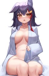 Rule 34 | 1girl, animal ear fluff, animal ears, blush, breasts, brown eyes, commentary request, deaver, fang, hair between eyes, hair ornament, hairclip, highres, hololive, lab coat, lab coat, large breasts, long hair, long sleeves, looking at viewer, multicolored hair, naked labcoat, navel, ookami mio, open clothes, red hair, simple background, sitting, skin fang, sleeves past wrists, solo, stomach, streaked hair, virtual youtuber, white background, wide sleeves, wolf ears