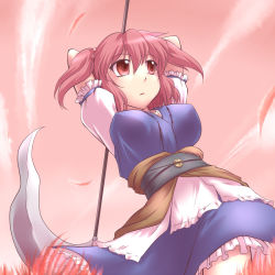Rule 34 | 1girl, breasts, female focus, hair bobbles, hair ornament, onozuka komachi, outdoors, red eyes, red hair, scythe, short hair, sky, solo, touhou, twintails, two side up, yoshi tama