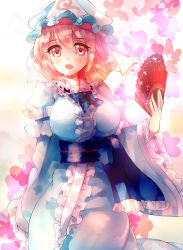 Rule 34 | 1girl, :o, bow, breasts, dress, hand fan, frilled dress, frills, hat, holding fan, juliet sleeves, large breasts, long sleeves, looking at viewer, mob cap, nagare, open mouth, pink eyes, pink hair, puffy sleeves, ribbon-trimmed collar, ribbon-trimmed sleeves, ribbon trim, saigyouji yuyuko, sash, short hair, solo, touhou, wide sleeves