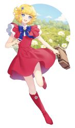 Rule 34 | 1girl, :d, blonde hair, blue bow, blue eyes, boots, bow, collar, colored eyelashes, dress, flower brooch, full body, hair ornament, hairpin, hana no ko lunlun, highres, lunlun, open mouth, red dress, red footwear, ribbonari, short dress, short hair, short sleeves, smile, solo, suitcase