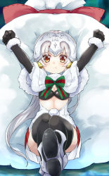 Rule 34 | 1girl, :t, arms up, bell, black gloves, black thighhighs, blush, capelet, elbow gloves, fate/grand order, fate (series), gloves, headpiece, jeanne d&#039;arc (fate), jeanne d&#039;arc alter (fate), jeanne d&#039;arc alter santa lily (fate), long hair, looking at viewer, noa (nagareboshi), pout, sack, silver hair, solo, thighhighs, yellow eyes, aged down