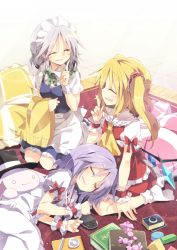 Rule 34 | apron, ascot, blanket, blonde hair, book, bow, braid, candy, card, closed eyes, commentary request, cushion, flandre scarlet, food, hair ornament, hair scrunchie, handheld game console, hat, index finger raised, izayoi sakuya, lap pillow, light purple hair, lying, maid, maid apron, maid headdress, mob cap, on side, open mouth, playing card, playstation portable, puffy short sleeves, puffy sleeves, rabbit, remilia scarlet, satou kibi, scrunchie, short hair, short sleeves, side ponytail, silver hair, sitting, sleeping, smile, top hat, touhou, wariza, wings, wrist cuffs