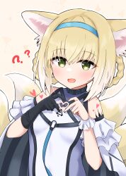 Rule 34 | 1girl, ?, animal ears, arknights, bare shoulders, black collar, black gloves, blonde hair, braid, braided hair rings, collar, colored tips, commentary, fox ears, fox girl, fox tail, frilled sleeves, frills, gloves, green eyes, heart, heart hands, highres, infection monitor (arknights), kitsune, kyuubi, looking at viewer, material growth, mikisarara, multicolored hair, multiple tails, open mouth, oripathy lesion (arknights), short hair, short sleeves, single glove, solo, suzuran (arknights), tail, twin braids, upper body, white hair