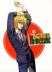 Rule 34 | 1other, androgynous, black suit, blonde hair, cowboy shot, crystal earrings, earrings, formal, highres, hunter x hunter, jewelry, kurapika, long sleeves, magunmilk, necktie, red eyes, shirt, short hair, simple background, solo, suit, title, white shirt