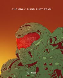 Rule 34 | 1boy, armor, ching yeh, close-up, commentary request, demon, doom (series), doom eternal, doomguy, english text, full armor, gradient background, helmet, highres, male focus, orange background, portrait, reflection, science fiction, shoulder cannon, simple background, skull, solo focus, source quote, yellow background