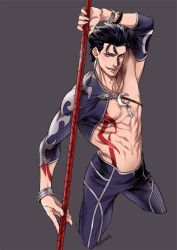 Rule 34 | 1boy, abs, biceps, blue hair, bodypaint, bracelet, chest strap, collarbone, crescent, crescent necklace, cu chulainn (fate), cu chulainn (fate/stay night), cu chulainn (second ascension) (fate), detached sleeves, earrings, fang, fate/grand order, fate/stay night, fate (series), gae bolg (fate), grey background, grin, holding, holding polearm, holding weapon, jewelry, long hair, looking at viewer, male focus, multiple bracelets, muscular, muscular male, necklace, nipples, official alternate costume, pants, pectorals, polearm, red eyes, signature, simple background, skin tight, smile, solo, spiked hair, weapon, yococco