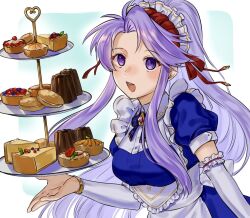 Rule 34 | 1girl, :d, abinosu0903, blue dress, cake, cake slice, dress, fire emblem, fire emblem: genealogy of the holy war, fire emblem heroes, food, food request, headdress, long hair, looking at viewer, nintendo, official alternate costume, open mouth, ponytail, purple eyes, purple hair, sidelocks, smile, solo, tailtiu (fire emblem), tailtiu (tea party) (fire emblem), teeth, tiered tray, upper body, upper teeth only, very long hair