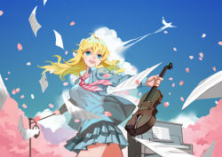 Rule 34 | 1girl, absurdres, bird, blonde hair, blue eyes, bow (music), cherry blossoms, commentary request, crying, crying with eyes open, day, highres, instrument, long hair, long sleeves, miyazono kawori, naoneihuanxiangcanliu, open mouth, piano, red neckwear, school uniform, sheet music, shigatsu wa kimi no uso, striped neckwear, tears, violin