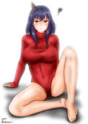 Rule 34 | 1girl, alternate costume, artistic error, barefoot, black hair, blush, breasts, covered erect nipples, covered navel, hair ornament, heattech leotard, highres, kantai collection, large breasts, leotard, light frown, looking at viewer, red eyes, red leotard, ribbed leotard, ribbed sweater, short hair, sidelocks, signature, sitting, sleeves past wrists, solo, sweater, thighs, turtleneck, ura tomomi, white background, yamashiro (kancolle)