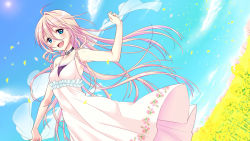 Rule 34 | 1girl, ahoge, bare shoulders, blue eyes, blue sky, blush, choker, cloud, collarbone, day, dress, dutch angle, field, flower, flower field, frills, ia (vocaloid), long hair, looking at viewer, open mouth, petals, pink hair, shawl, sky, smile, solo, sun, sundress, tareme, very long hair, vocaloid, wallpaper, wind, yami (m31)