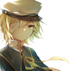 Rule 34 | 1boy, bandage over one eye, bandages, blonde hair, c-i, crying, crying with eyes open, eyebrows, hat, male focus, oliver (vocaloid), sailor collar, sailor hat, simple background, solo, tears, vocaloid, white background, yellow eyes