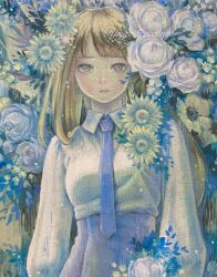 Rule 34 | 1girl, blue necktie, blue skirt, blush, collared shirt, commentary request, expressionless, flower, grey eyes, high-waist skirt, highres, light brown hair, long hair, looking at viewer, necktie, oil painting (medium), original, painting (medium), ringodrawing, shirt, skirt, solo, traditional media, upper body, white shirt