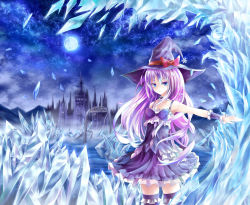 Rule 34 | 1girl, arch, bad id, bad nicoseiga id, blue eyes, bow, building, full moon, hat, highres, ice, long hair, magic, moon, night, original, outstretched arm, purple hair, rin yuu, skirt, skirt set, snowflakes, solo, thighhighs, witch hat, wrist cuffs, zettai ryouiki