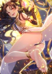 Rule 34 | 1girl, anklet, ass, asymmetrical legwear, bad id, bad pixiv id, bare shoulders, barefoot, black hair, blush, breasts, brown hair, earrings, elbow gloves, fate/grand order, fate (series), feet, foot focus, gem, gloves, hair ribbon, highres, hoop earrings, ishtar (fate), ishtar (fate), jewelry, kurono kito, long hair, looking at viewer, medium breasts, open mouth, red eyes, ribbon, saint quartz (fate), sideboob, single elbow glove, single thighhigh, smile, soles, solo, thighhighs, toes, tohsaka rin, two side up, uneven legwear