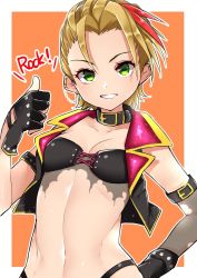 Rule 34 | 10s, 1girl, androgynous, belt, black gloves, blonde hair, breasts, buta tamako, collar, cropped jacket, fingerless gloves, gloves, green eyes, hand on own hip, highres, idolmaster, idolmaster cinderella girls, kimura natsuki, looking at viewer, midriff, orange background, short hair, simple background, sleeveless, small breasts, smile, solo, torn clothes, upper body, white background