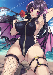 Rule 34 | 1girl, absurdres, areola slip, ass, asymmetrical legwear, beach, black hair, black leotard, black wings, braid, breasts, commission, covered erect nipples, cup, demon girl, demon horns, demon tail, demon wings, drinking glass, drinking straw, fishnet thighhighs, fishnets, gluteal fold, groin, hamachi paint, heart, highres, holding, holding cup, horizon, horns, large breasts, leotard, long hair, looking at viewer, ocean, original, outdoors, purple eyes, purple horns, side braid, sideboob, skeb commission, solo, striped horns, tail, thigh strap, thighhighs, tongue, tongue out, virtual youtuber, wings, zipper