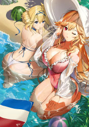 Rule 34 | 1girl, absurdres, ass, azur lane, back, ball, bare shoulders, beach, beachball, bikini, blonde hair, blue eyes, breasts, butt crack, caustics, cleavage, collarbone, covered navel, day, food, french flag, frilled swimsuit, frills, fruit, halterneck, hat, highres, jeanne d&#039;arc (azur lane), jeanne d&#039;arc (saintess of the sea) (azur lane), large breasts, layered bikini, long hair, looking at viewer, looking back, nike (nike1060), off shoulder, official alternate costume, one-piece swimsuit, orange hair, pink bikini, pink one-piece swimsuit, richelieu (azur lane), richelieu (fleuron of the waves) (azur lane), sand, side-tie bikini bottom, solo, sun hat, sunlight, swimsuit, thighs, water, watermelon, white bikini, white hat