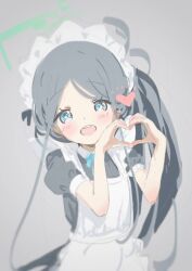 Rule 34 | 1girl, apron, aris (blue archive), aris (maid) (blue archive), black hair, blue archive, blue eyes, blush, grey background, heart, heart hands, highres, long hair, looking at viewer, maid headdress, simple background, solo, upper body, white apron, x158239