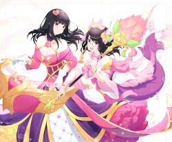 Rule 34 | 2girls, black hair, commission, cosplay, dress, gloves, goggles, hair ornament, highres, holding, holding staff, league of legends, lips, mermaid, monster girl, multiple girls, nami (league of legends), off-shoulder dress, off shoulder, open mouth, original, simple background, smile, sona (league of legends), sona buvelle (cosplay), staff, weeniedesu