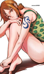 Rule 34 | 1girl, aosora2823, arm tattoo, artist name, bare legs, barefoot, blush, breasts, camisole, closed mouth, commentary, crossed legs, eyelashes, full body, green camisole, hand on own cheek, hand on own face, hand on own knee, highres, knee to chest, looking at viewer, medium breasts, medium hair, nami (one piece), one piece, orange eyes, orange hair, parted bangs, shadow, simple background, sitting, sleeveless, solo, tattoo, thighs, white background