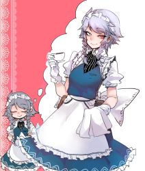 Rule 34 | 1girl, absurdres, apron, blue eyes, blush, braid, breasts, buttons, closed mouth, collared shirt, commentary, cup, english commentary, frilled apron, frills, gloves, heterochromia, highres, holding, holding cup, izayoi sakuya, lace background, maid, maid apron, maid headdress, medium breasts, nyong nyong, pink background, pouch, puffy short sleeves, puffy sleeves, red eyes, shirt, short sleeves, sidelocks, silver hair, smile, smug, solo, standing, teacup, thinking, thought bubble, touhou, twin braids, waist apron, white apron, white gloves, white shirt, wing collar, wrist cuffs