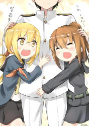Rule 34 | 10s, 1boy, 2girls, :d, ^ ^, absurdres, admiral (kancolle), black hair, black serafuku, blonde hair, brown hair, chestnut mouth, commentary request, closed eyes, flying sweatdrops, fumizuki (kancolle), girl sandwich, hand on another&#039;s head, height difference, highres, hug, kantai collection, long hair, low twintails, multiple girls, open mouth, headpat, pleated skirt, ponytail, remodel (kantai collection), ryuki (ryukisukune), sandwiched, satsuki (kancolle), school uniform, serafuku, signature, skirt, smile, teeth, translation request, twintails, yellow eyes