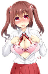 Rule 34 | 10s, 1girl, blush, bow, bow bra, bra, breasts, brown hair, cleavage, ebina nana, himouto! umaru-chan, kouki kuu, large breasts, looking at viewer, open clothes, open shirt, pink bra, red eyes, red skirt, school uniform, shirt, short hair, simple background, skirt, tears, twintails, underwear, white background