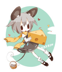 Rule 34 | 1girl, animal, animal ears, bad id, bad tumblr id, basket, character name, cheese, cloud, dress, food, grey hair, heart, highres, jewelry, mary janes, mononomo616, mouse (animal), mouse ears, mouse tail, nazrin, necklace, scarf, shoes, tail, touhou