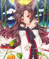 Rule 34 | 1girl, animal ears, bamboo, brown hair, closed mouth, collarbone, dress, fingernails, frilled sleeves, frills, highres, imaizumi kagerou, long fingernails, long hair, long sleeves, miyabiii oekaki, nail polish, off-shoulder dress, off shoulder, red dress, red eyes, red nails, sharp fingernails, signature, smile, solo, touhou, traditional media, white dress, wide sleeves, wolf ears