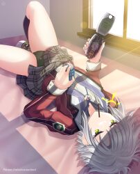 Rule 34 | +++, 1girl, artist name, black socks, cameltoe, can, clothes lift, commentary request, day, eiyuu densetsu, english text, falcom, feet out of frame, fie claussell, food, food in mouth, green eyes, green panties, grey hair, grey skirt, helvetica std, highres, holding, holding can, holding phone, indoors, jacket, jitome, knee up, kneehighs, looking at phone, lying, miniskirt, on back, open clothes, open jacket, painttool sai (medium), panties, phone, plaid, plaid skirt, pocky, pocky in mouth, red jacket, school uniform, sen no kiseki, shirt, shoes, short hair, skirt, skirt lift, sneakers, socks, spiked hair, star (symbol), star print, sunlight, thighs, thors military academy class vii uniform, underwear, white shirt, window shadow