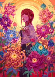 Rule 34 | 1girl, artist name, black necktie, bug, chainsaw man, eyeball, flower, formal, highres, insect, looking at viewer, makima (chainsaw man), medium hair, moth, munette, necktie, red hair, ringed eyes, shirt, smile, solo, watermark, white shirt, yellow eyes