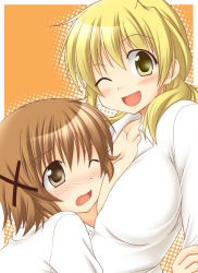 Rule 34 | 2girls, ;d, blonde hair, blush, breasts, brown eyes, brown hair, cleavage, heart, heart-shaped pupils, hidamari sketch, large breasts, looking at viewer, miyako (hidamari sketch), multiple girls, nose blush, one eye closed, open mouth, short hair, smile, symbol-shaped pupils, utomo, yellow eyes, yuno (hidamari sketch), yuri