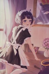 Rule 34 | 1girl, absurdres, alternate costume, animal ears, apron, arm support, back bow, black dress, black hair, bow, cleaning, commentary request, curtains, drawer, dress, enmaided, frilled hairband, frills, grey eyes, hairband, highres, hololive, hololive english, indoors, knee up, kneehighs, light rays, lolita hairband, looking at viewer, lulu yeh31, maid, maid apron, mole, mole under eye, ninomae ina&#039;nis, official alternate hair length, official alternate hairstyle, open mouth, painting (object), pointy ears, short dress, short sleeves, smile, socks, solo, sunbeam, sunlight, sunset, takodachi (ninomae ina&#039;nis), vase, virtual youtuber, white apron, white hairband, white socks