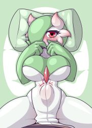 Rule 34 | 1boy, 1girl, blush, bottomless, breasts, cleavage, colored skin, creatures (company), dress, eyelashes, furry, game freak, gardevoir, gen 3 pokemon, green background, green skin, hair over one eye, heart, heart-shaped pupils, hetero, highres, huge breasts, huge penis, interspecies, limebreaker, loincloth, looking at viewer, lying, missionary, nintendo, on back, penis, pillow, pokemon, pov, red eyes, sex, shirt, short hair, smile, spread legs, stomach bulge, symbol-shaped pupils, trembling, white skin