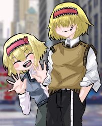 Rule 34 | 2girls, :d, alice margatroid, alternate costume, black pants, blonde hair, blurry, blurry background, blush, brown cardigan, cardigan, cigarette, city, closed eyes, closed mouth, commentary request, cookie (touhou), cowboy shot, food-themed hair ornament, frilled hairband, frills, grey cardigan, grey skirt, hair between eyes, hair ornament, hair over eyes, hairband, hands in pockets, highres, ichigo (cookie), jigen (cookie), long bangs, long sleeves, multiple girls, open mouth, pants, red hairband, shirt, short hair, skirt, smile, strawberry hair ornament, sznkrs, teeth, touhou, waving, white shirt