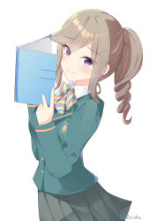 Rule 34 | 1girl, absurdres, blazer, blush, book, breasts, brown hair, closed mouth, collared shirt, cowboy shot, dot nose, drill hair, drill ponytail, from side, green jacket, green skirt, highres, holding, holding book, idoly pride, jacket, long hair, long sleeves, looking at viewer, medium breasts, mole, mole under eye, open book, pleated skirt, purple eyes, raised eyebrows, rj edward (artist), school uniform, shiraishi saki, shirt, sidelocks, skirt, smile, solo, watermark, white shirt