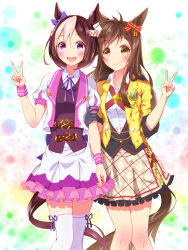 Rule 34 | 2girls, animal ears, black gloves, bow, braid, brown hair, buena vista (umamusume), chain, collarbone, collared shirt, cowlick, cropped jacket, french braid, frilled skirt, frills, gloves, gold chain, highres, horse ears, horse girl, horse tail, jacket, light brown hair, long hair, looking at viewer, multicolored hair, multiple girls, neck ribbon, puffy short sleeves, puffy sleeves, purple bow, purple eyes, purple ribbon, red bow, ribbon, shirt, short hair, short sleeves, single glove, skirt, special week (umamusume), striped, striped bow, sugimotty nova, tail, thighhighs, trait connection, two-tone hair, umamusume, v, white shirt, wristband, yellow bow, yellow eyes, yellow jacket