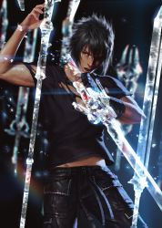 Rule 34 | 10s, 1boy, belly, black hair, blue eyes, cuts, final fantasy, final fantasy xv, fingerless gloves, gloves, holding, holding weapon, injury, light particles, lips, magic, male focus, noctis lucis caelum, open mouth, penguin frontier, polearm, realistic, shirt, short hair, solo, sword, torn clothes, torn shirt, weapon