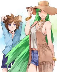 Rule 34 | 1boy, 1girl, alternate costume, blue eyes, bracer, breasts, brown hair, cleavage, contemporary, gloves, green hair, hat, highres, jacker, jewelry, kenshin187, kid icarus, kid icarus uprising, long hair, looking at viewer, neck ring, necklace, nintendo, palutena, pit (kid icarus), shirt, short hair, short shorts, shorts, smile, taut clothes, taut shirt