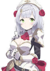 Rule 34 | 1girl, absurdres, armor, armored dress, ascot, belt, black belt, blunt bangs, boobplate, braid, braided bangs, breastplate, breasts, dress, flower, gauntlets, gazacy (dai), genshin impact, green eyes, grey hair, hair between eyes, highres, looking to the side, maid headdress, medium breasts, noelle (genshin impact), own hands clasped, own hands together, red ascot, red flower, red rose, rose, short hair, shoulder armor, simple background, solo, white background
