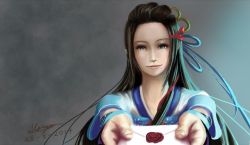 Rule 34 | 1girl, black hair, blue eyes, confession, dated, hayakawa-dono, letter, long hair, looking at viewer, love letter, martin maxza tang, sengoku musou, signature, smile, solo