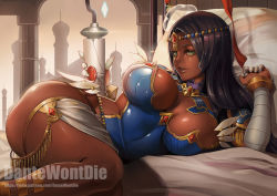 Rule 34 | 1girl, artist name, bed sheet, black hair, breasts, building, caster of the nocturnal castle, circlet, dantewontdie, dark skin, dark-skinned female, fate/grand order, fate (series), forehead jewel, green eyes, hat, large breasts, lips, long hair, looking at viewer, lying, on side, parted lips, patreon username, scheherazade (fate), solo, thighs, watermark, web address