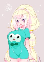 Rule 34 | + +, 1girl, :d, arm at side, bad hand, blonde hair, blue eyes, breasts, clenched hand, creatures (company), earrings, game freak, gen 7 pokemon, green shirt, grey background, jewelry, large breasts, long hair, looking at viewer, nintendo, open mouth, pink pupils, pokemon, primarina, rowlet, shirt, sidelocks, simple background, smile, solo, standing, t-shirt, very long hair, yuzu ichika