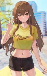 Rule 34 | 1girl, black shorts, blurry, blurry background, blush, brown eyes, brown hair, building, cowboy shot, crop top, fate/extra, fate/extra ccc, fate (series), highres, kishinami hakuno (female), long hair, looking at viewer, midriff, navel, sauvignon, shirt, short sleeves, shorts, sidelocks, smile, solo, standing, t-shirt, thighs, tree, v, yellow shirt