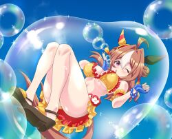 1girl ahoge alternate_costume animal_ears arm_strap bare_shoulders bead_bracelet beads bikini bikini_skirt blowing_bubbles blowing_kiss blue_gloves blue_sky blush bracelet breasts bubble cleavage commentary_request copano_rickey_(umamusume) double_bun ear_covers ear_ornament fingerless_gloves floating frilled_bikini frills gloves hair_between_eyes hair_bun hair_intakes hair_ornament highres horse_ears horse_girl horse_tail in_bubble jewelry kazakoshi_nonta large_breasts lens_flare long_hair midair navel one_eye_closed outdoors pink_eyes sky solo stomach swimsuit tail tassel tassel_hair_ornament umamusume yellow_bikini