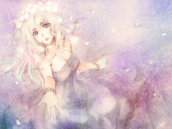 Rule 34 | 1girl, bare shoulders, blonde hair, blue eyes, dress, flower, gloves, long hair, macross, macross frontier, outstretched hand, petals, sheryl nome, sleeveless, solo, tamachi kuwa, wavy hair, wreath