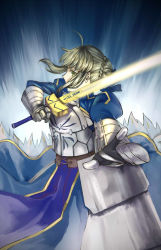 1girl ahoge armor armored_dress artoria_pendragon_(all) artoria_pendragon_(fate) blonde_hair excalibur_(fate/stay_night) fate/stay_night fate_(series) female_focus gauntlets green_eyes highres lsunl saber_(fate) simple_background sketch solo sword type-moon weapon